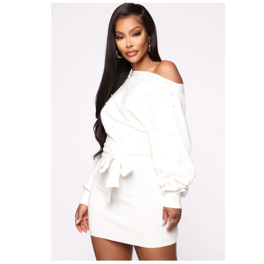 White Sweater Dress with Pearl Embellishments
